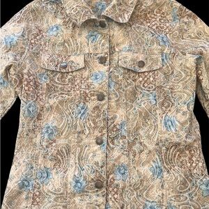 Quilted Floral Button-Front Jacket in Beige and Blue